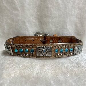 NOCONA Kids Leather Calf-hair Belt Blue Rhinestones Brown Western Cowboy